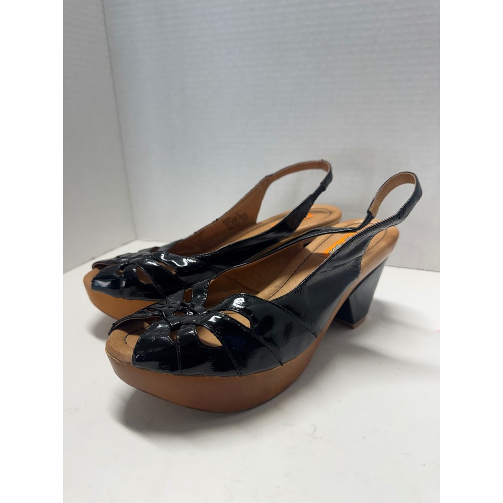 Miz Mooz Resto Black Patent Platform Slingback Sandals Heels Woven Peep Toe 8